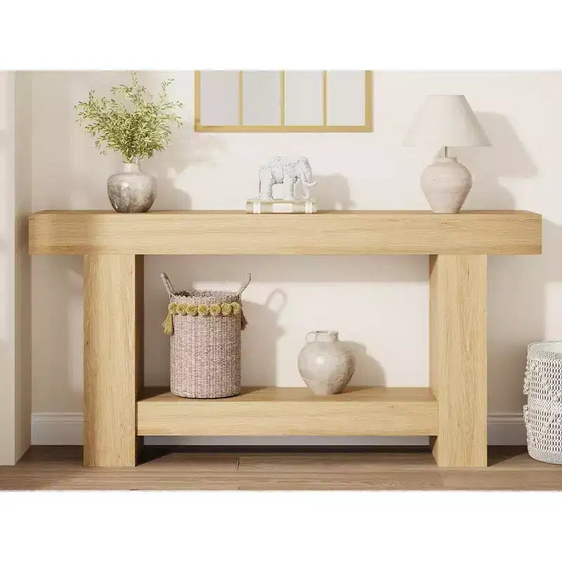 Coolmee 63 Inches Console Table, Farmhouse Console Table for Living Room, 2-Tier Sofa Table with Storage, Wooden Entryway Table