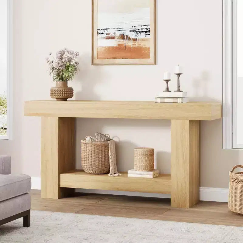 Coolmee 63 Inches Console Table, Farmhouse Console Table for Living Room, 2-Tier Sofa Table with Storage, Wooden Entryway Table
