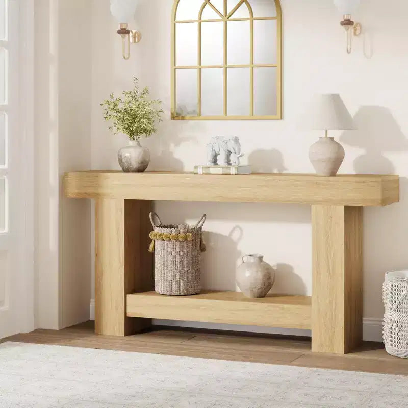 Coolmee 63 Inches Console Table, Farmhouse Console Table for Living Room, 2-Tier Sofa Table with Storage, Wooden Entryway Table