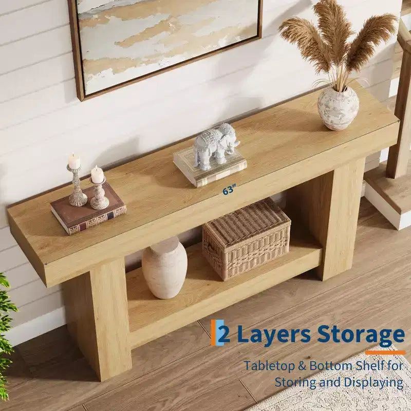 Coolmee 63 Inches Console Table, Farmhouse Console Table for Living Room, 2-Tier Sofa Table with Storage, Wooden Entryway Table