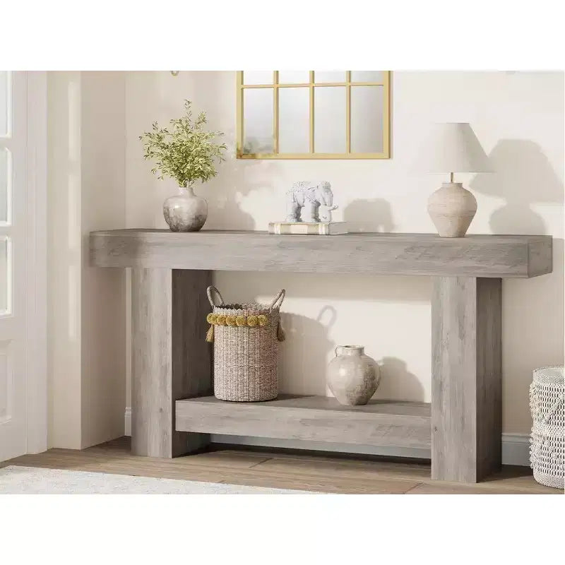 Coolmee 63 Inches Console Table, Farmhouse Console Table for Living Room, 2-Tier Sofa Table with Storage, Wooden Entryway Table