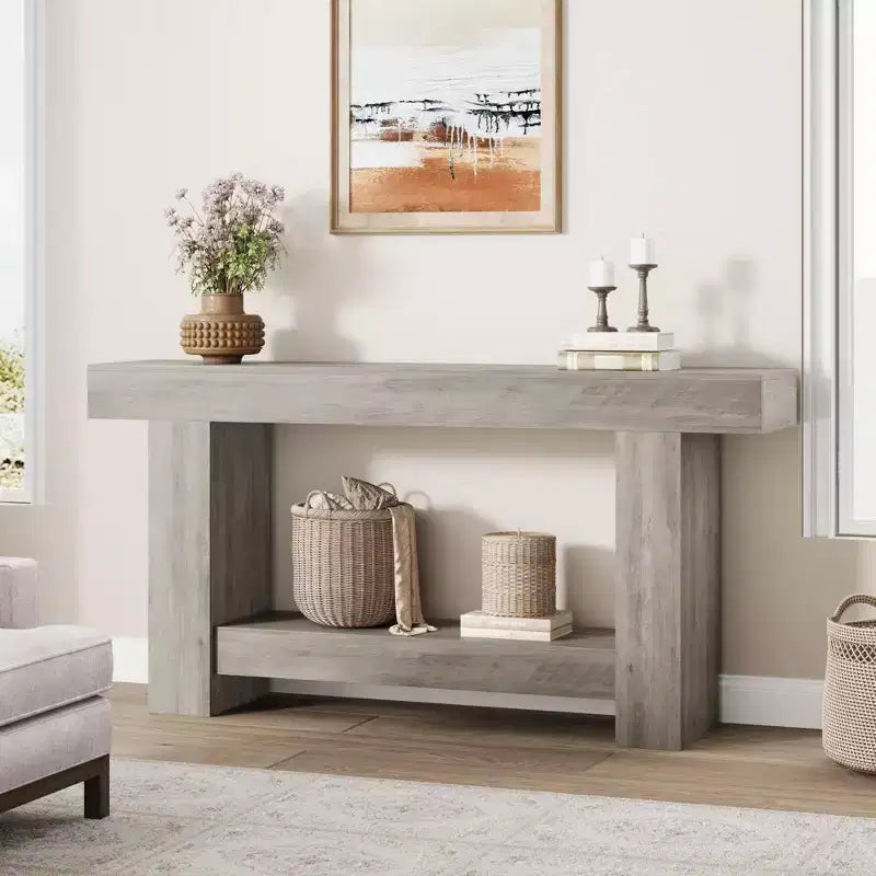 Coolmee 63 Inches Console Table, Farmhouse Console Table for Living Room, 2-Tier Sofa Table with Storage, Wooden Entryway Table