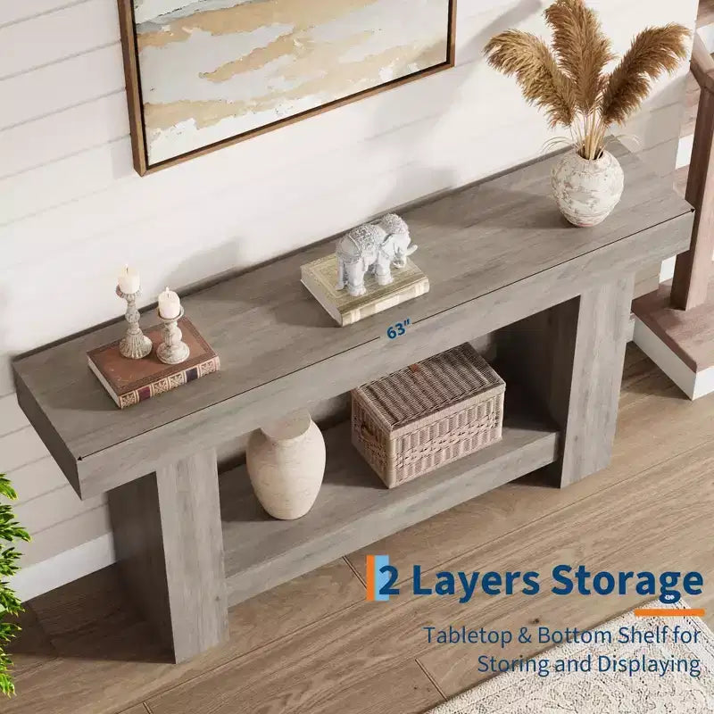 Coolmee 63 Inches Console Table, Farmhouse Console Table for Living Room, 2-Tier Sofa Table with Storage, Wooden Entryway Table