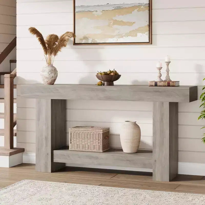 Coolmee 63 Inches Console Table, Farmhouse Console Table for Living Room, 2-Tier Sofa Table with Storage, Wooden Entryway Table