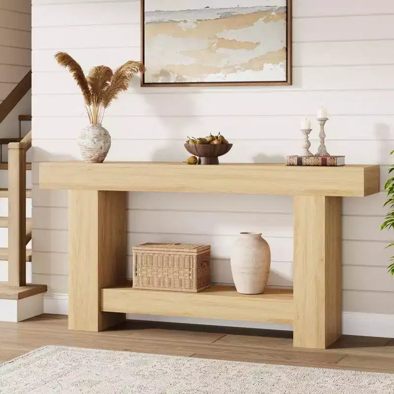 Coolmee 63 Inches Console Table, Farmhouse Console Table for Living Room, 2-Tier Sofa Table with Storage, Wooden Entryway Table