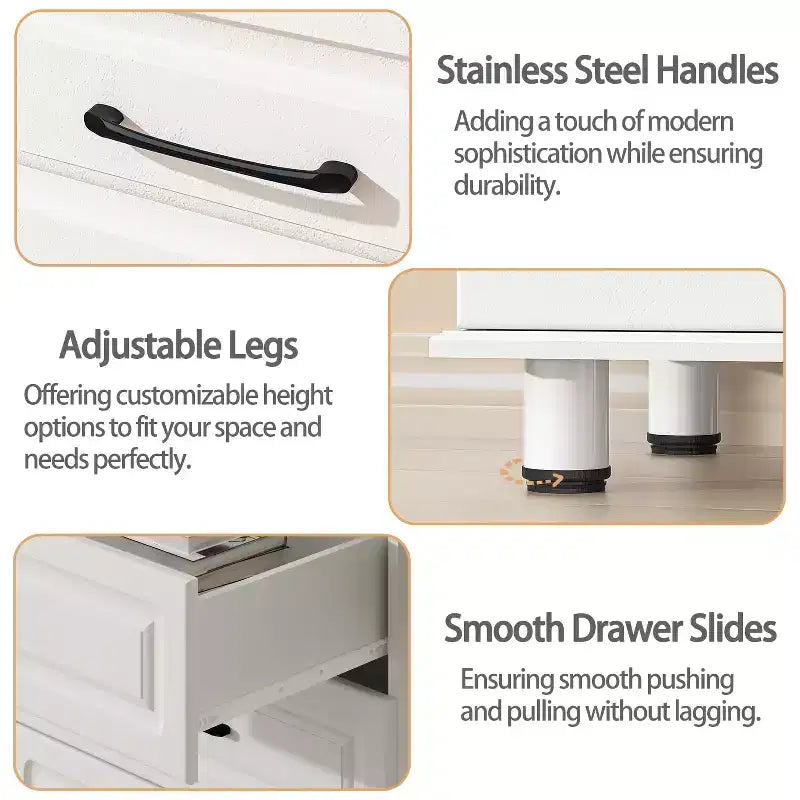 Sandinrayli White Nightstand with 2 Drawers, Small Dresser for Bedroom Closet Drawers Wood Dresser with Steel Handles, White