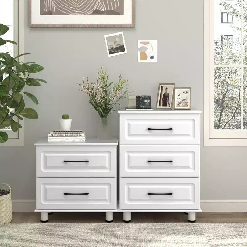 Sandinrayli White Nightstand with 2 Drawers, Small Dresser for Bedroom Closet Drawers Wood Dresser with Steel Handles, White