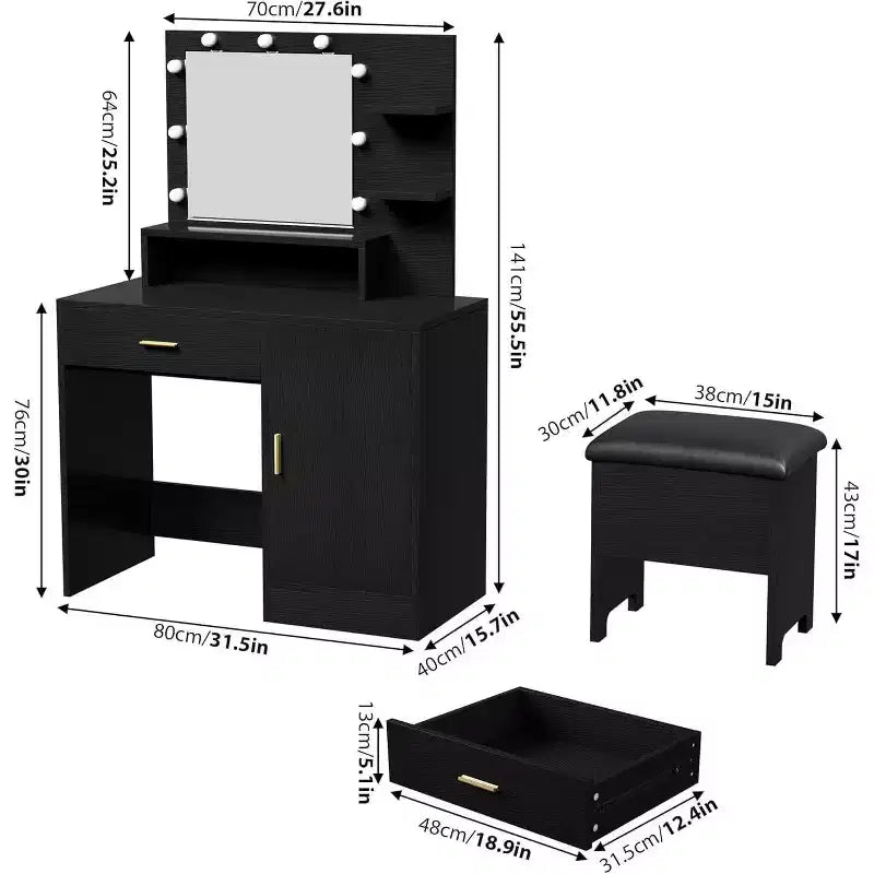 Acekool Black Vanity Desk Set with Mirror, Bulbs, Drawers, Shelves, Upholstered Stool, Storage Cabinet, Bedroom Dressing Table