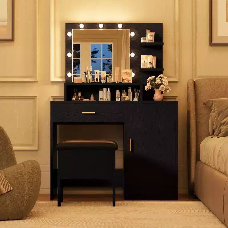 Acekool Black Vanity Desk Set with Mirror, Bulbs, Drawers, Shelves, Upholstered Stool, Storage Cabinet, Bedroom Dressing Table