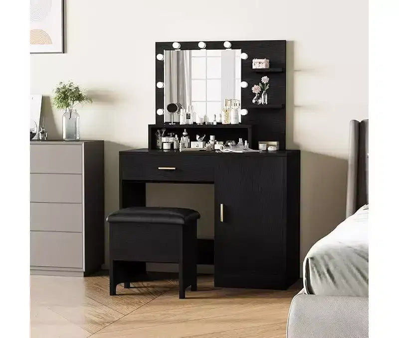 Acekool Black Vanity Desk Set with Mirror, Bulbs, Drawers, Shelves, Upholstered Stool, Storage Cabinet, Bedroom Dressing Table