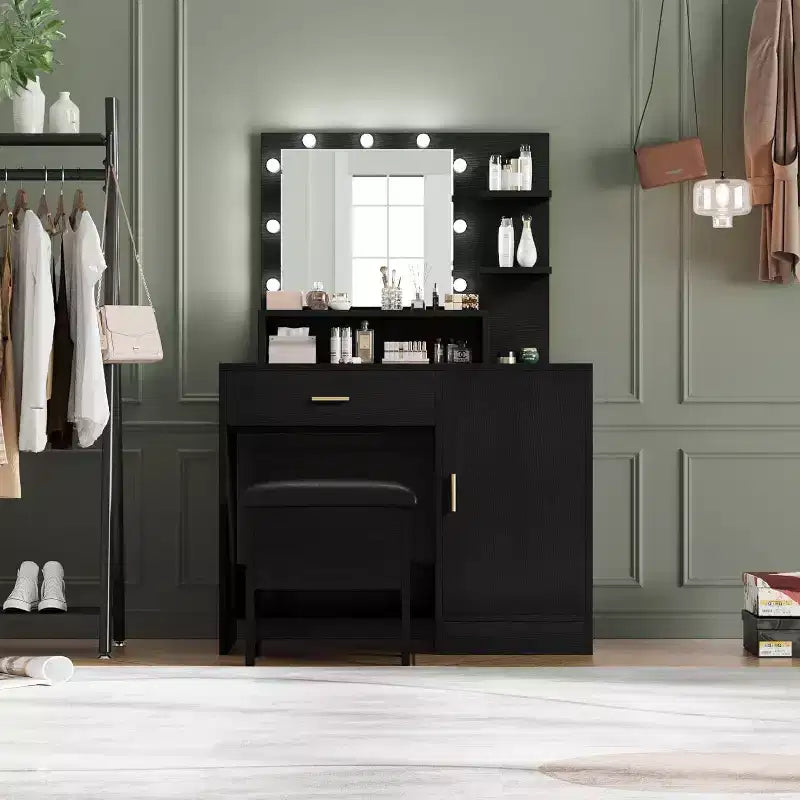 Acekool Black Vanity Desk Set with Mirror, Bulbs, Drawers, Shelves, Upholstered Stool, Storage Cabinet, Bedroom Dressing Table
