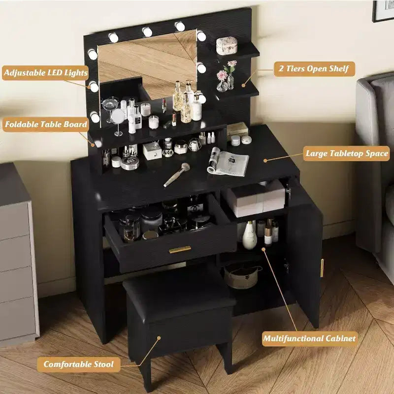 Acekool Black Vanity Desk Set with Mirror, Bulbs, Drawers, Shelves, Upholstered Stool, Storage Cabinet, Bedroom Dressing Table