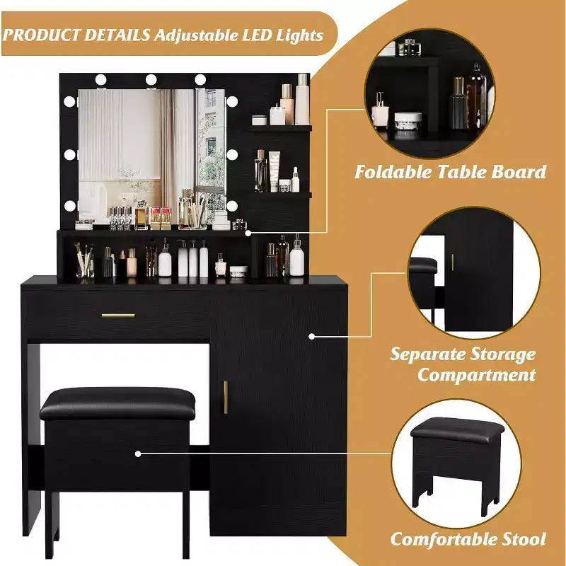 Acekool Black Vanity Desk Set with Mirror, Bulbs, Drawers, Shelves, Upholstered Stool, Storage Cabinet, Bedroom Dressing Table