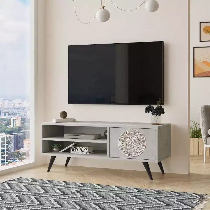 HomeStock Cloud TV Unit Wooden-Legged TV Stand 43 Inches Stone -Uv Print