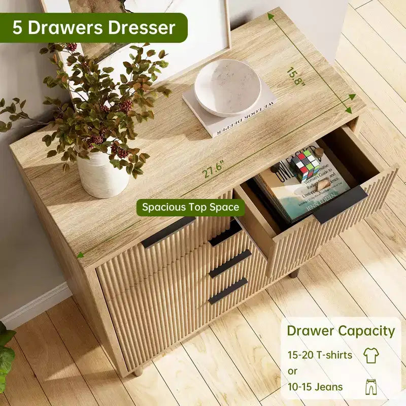 Fulvari 5 Drawer Dresser for Bedroom, 37 Wood Chest of Drawers with Gold Handle, Wood Storage Dresser Organizer, Closet Dresser