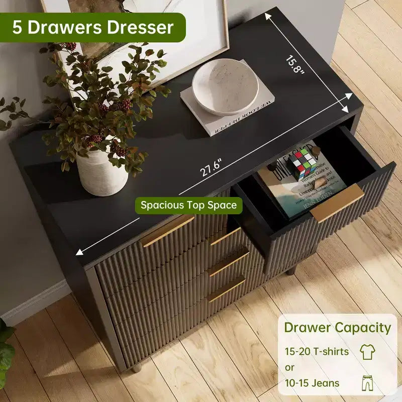 Fulvari 5 Drawer Dresser for Bedroom, 37 Wood Chest of Drawers with Gold Handle, Wood Storage Dresser Organizer, Closet Dresser