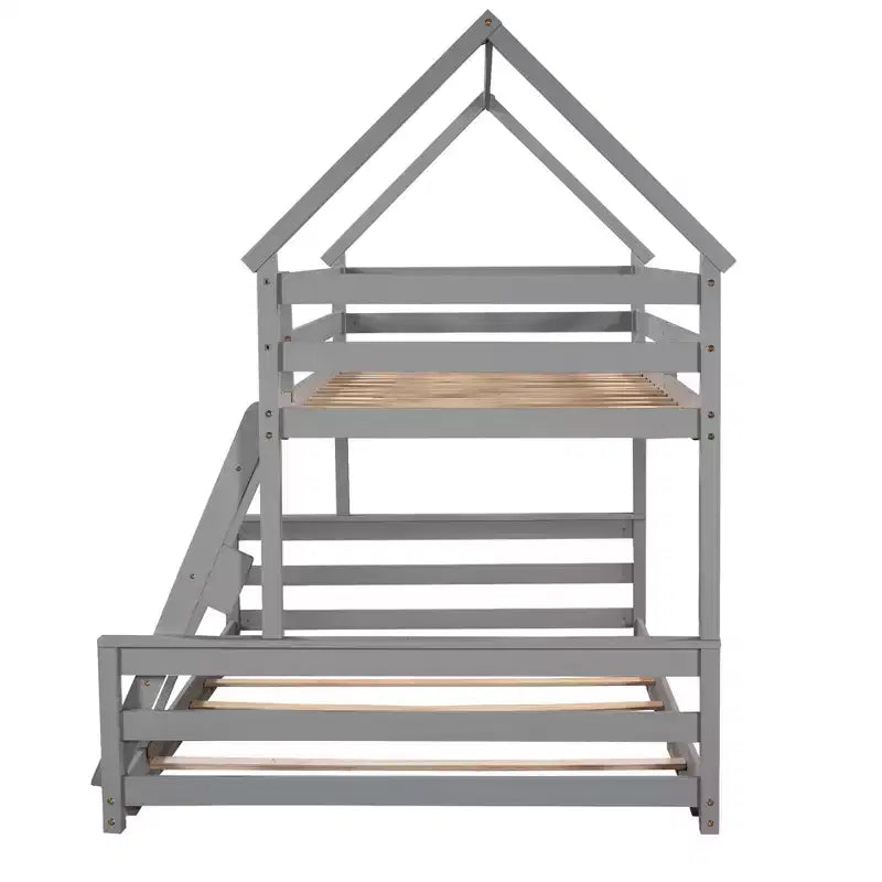 Wood Twin over Full Bunk Bed, Solid Wood House Bed Frame Built in Ladder, Convertible to 2 Beds, Floor Bunk Bed for Kids Teens