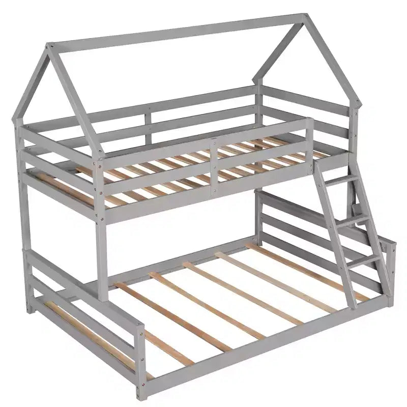 Wood Twin over Full Bunk Bed, Solid Wood House Bed Frame Built in Ladder, Convertible to 2 Beds, Floor Bunk Bed for Kids Teens