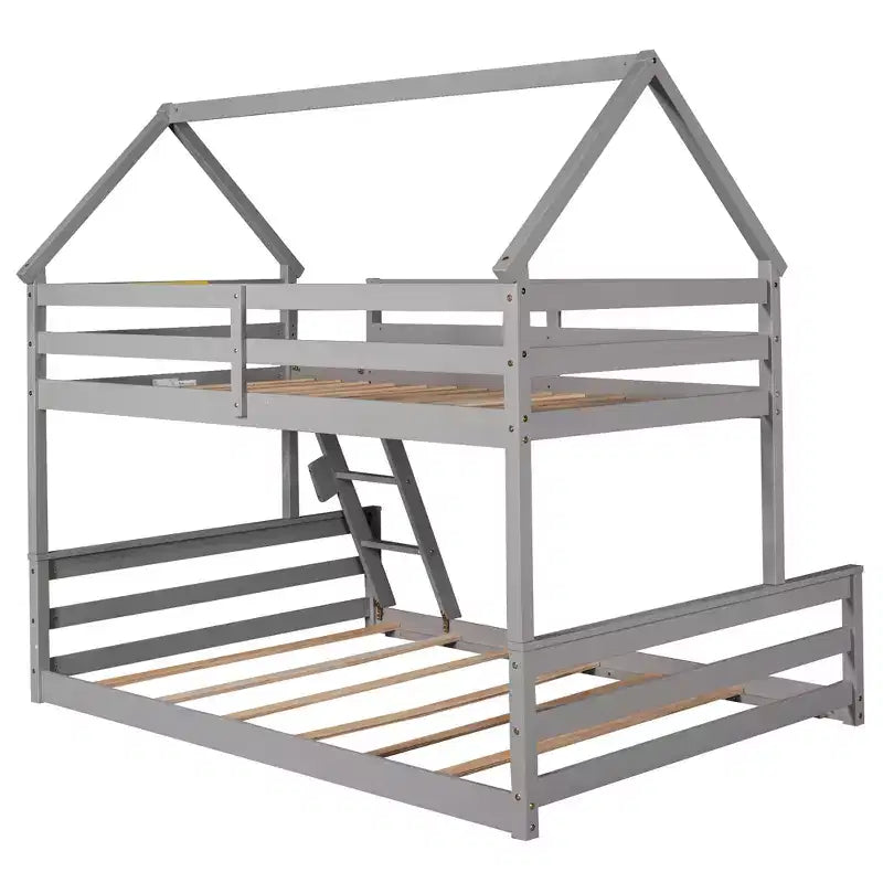 Wood Twin over Full Bunk Bed, Solid Wood House Bed Frame Built in Ladder, Convertible to 2 Beds, Floor Bunk Bed for Kids Teens