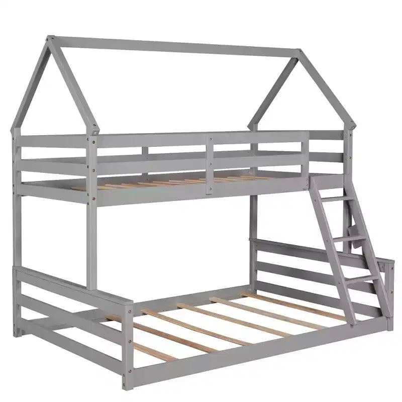Wood Twin over Full Bunk Bed, Solid Wood House Bed Frame Built in Ladder, Convertible to 2 Beds, Floor Bunk Bed for Kids Teens
