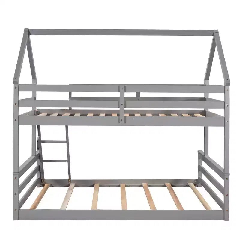 Wood Twin over Full Bunk Bed, Solid Wood House Bed Frame Built in Ladder, Convertible to 2 Beds, Floor Bunk Bed for Kids Teens