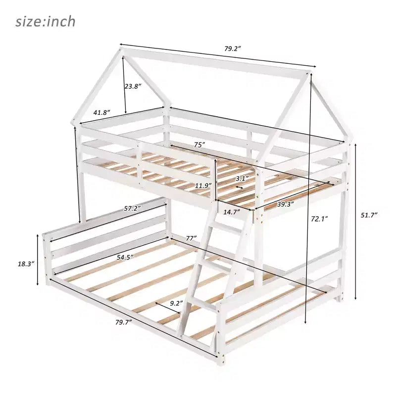 Wood Twin over Full Bunk Bed, Solid Wood House Bed Frame Built in Ladder, Convertible to 2 Beds, Floor Bunk Bed for Kids Teens