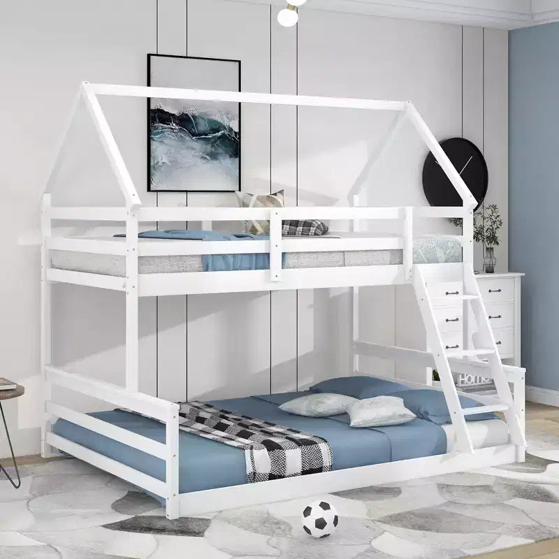 Wood Twin over Full Bunk Bed, Solid Wood House Bed Frame Built in Ladder, Convertible to 2 Beds, Floor Bunk Bed for Kids Teens