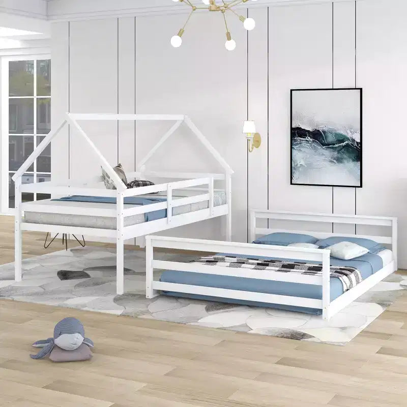 Wood Twin over Full Bunk Bed, Solid Wood House Bed Frame Built in Ladder, Convertible to 2 Beds, Floor Bunk Bed for Kids Teens