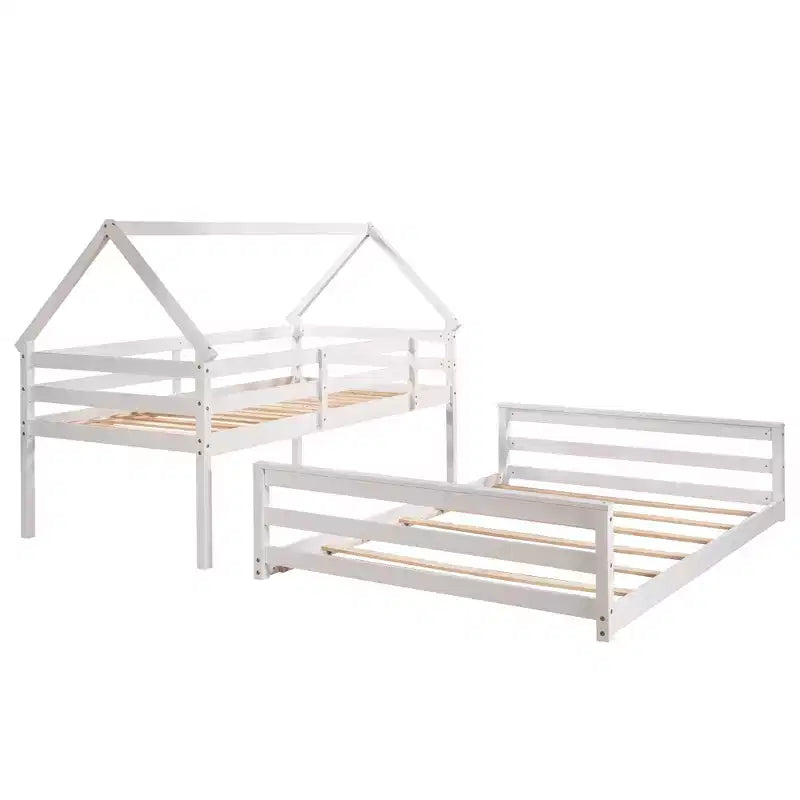 Wood Twin over Full Bunk Bed, Solid Wood House Bed Frame Built in Ladder, Convertible to 2 Beds, Floor Bunk Bed for Kids Teens