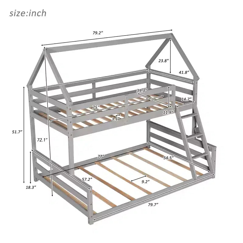 Wood Twin over Full Bunk Bed, Solid Wood House Bed Frame Built in Ladder, Convertible to 2 Beds, Floor Bunk Bed for Kids Teens