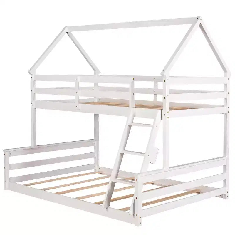 Wood Twin over Full Bunk Bed, Solid Wood House Bed Frame Built in Ladder, Convertible to 2 Beds, Floor Bunk Bed for Kids Teens