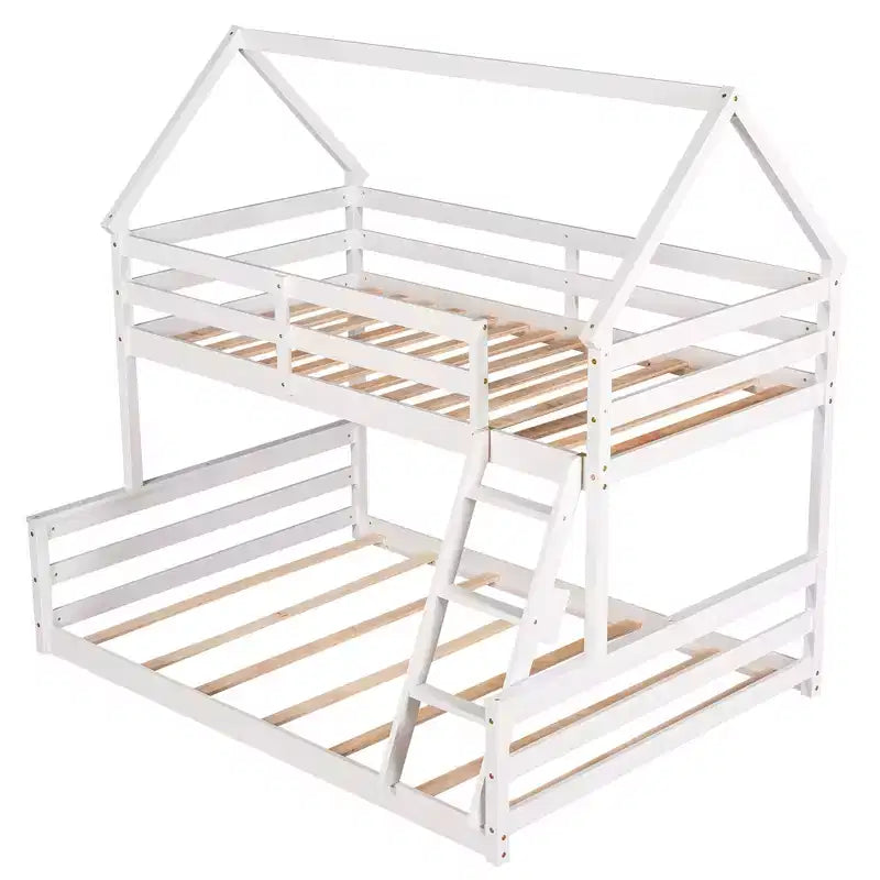 Wood Twin over Full Bunk Bed, Solid Wood House Bed Frame Built in Ladder, Convertible to 2 Beds, Floor Bunk Bed for Kids Teens