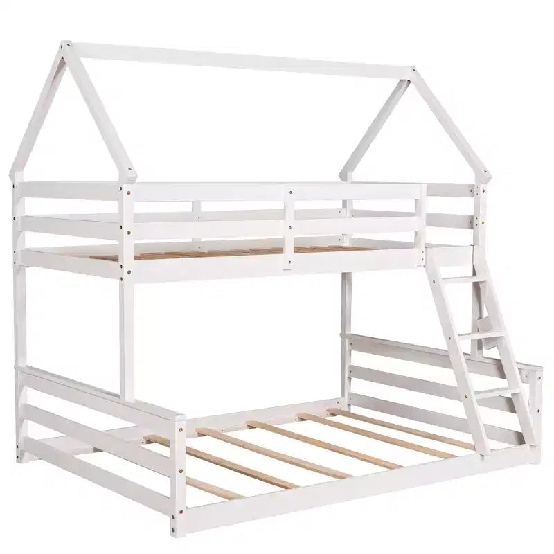 Wood Twin over Full Bunk Bed, Solid Wood House Bed Frame Built in Ladder, Convertible to 2 Beds, Floor Bunk Bed for Kids Teens