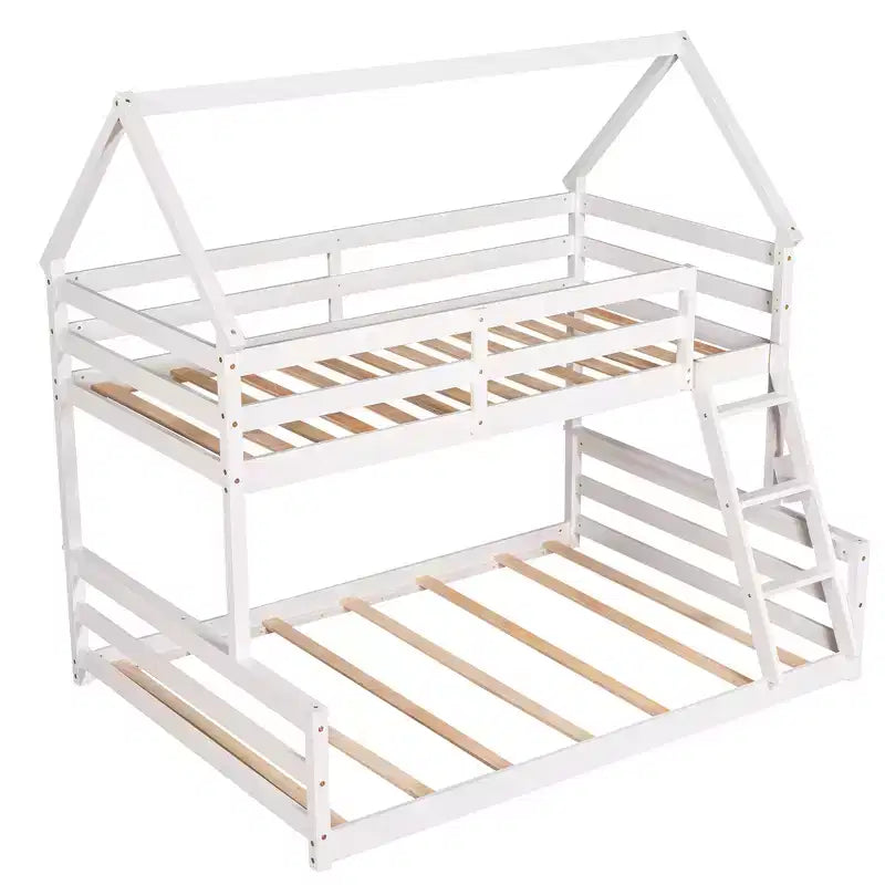 Wood Twin over Full Bunk Bed, Solid Wood House Bed Frame Built in Ladder, Convertible to 2 Beds, Floor Bunk Bed for Kids Teens