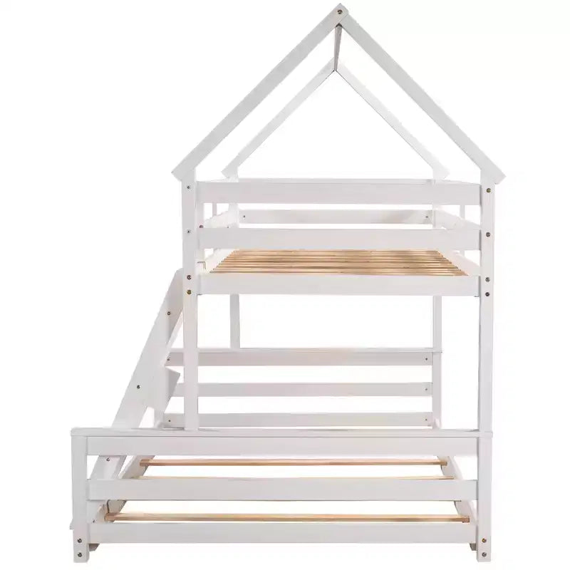 Wood Twin over Full Bunk Bed, Solid Wood House Bed Frame Built in Ladder, Convertible to 2 Beds, Floor Bunk Bed for Kids Teens