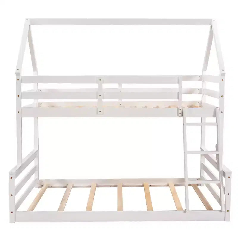 Wood Twin over Full Bunk Bed, Solid Wood House Bed Frame Built in Ladder, Convertible to 2 Beds, Floor Bunk Bed for Kids Teens