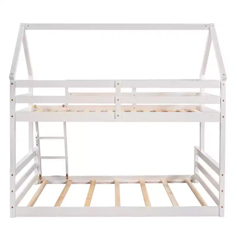 Wood Twin over Full Bunk Bed, Solid Wood House Bed Frame Built in Ladder, Convertible to 2 Beds, Floor Bunk Bed for Kids Teens