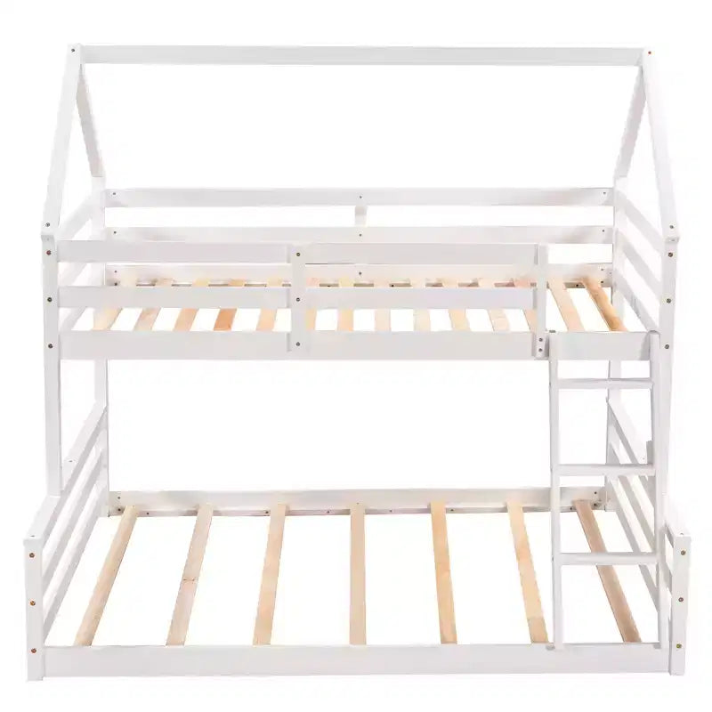 Wood Twin over Full Bunk Bed, Solid Wood House Bed Frame Built in Ladder, Convertible to 2 Beds, Floor Bunk Bed for Kids Teens