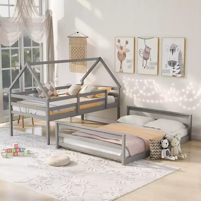 Wood Twin over Full Bunk Bed, Solid Wood House Bed Frame Built in Ladder, Convertible to 2 Beds, Floor Bunk Bed for Kids Teens