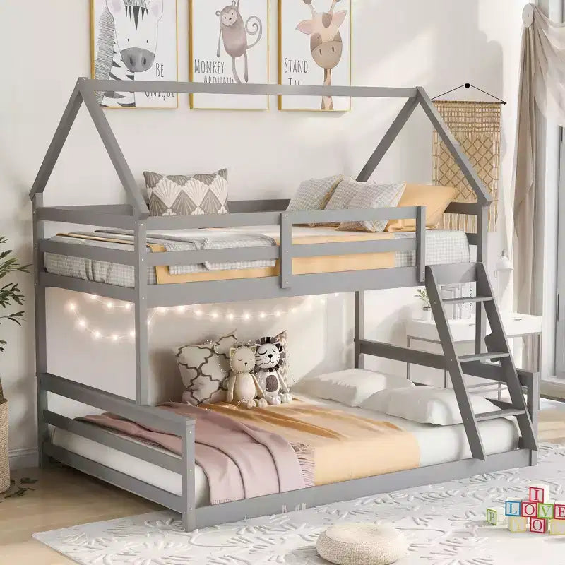 Wood Twin over Full Bunk Bed, Solid Wood House Bed Frame Built in Ladder, Convertible to 2 Beds, Floor Bunk Bed for Kids Teens