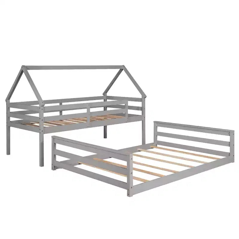 Wood Twin over Full Bunk Bed, Solid Wood House Bed Frame Built in Ladder, Convertible to 2 Beds, Floor Bunk Bed for Kids Teens