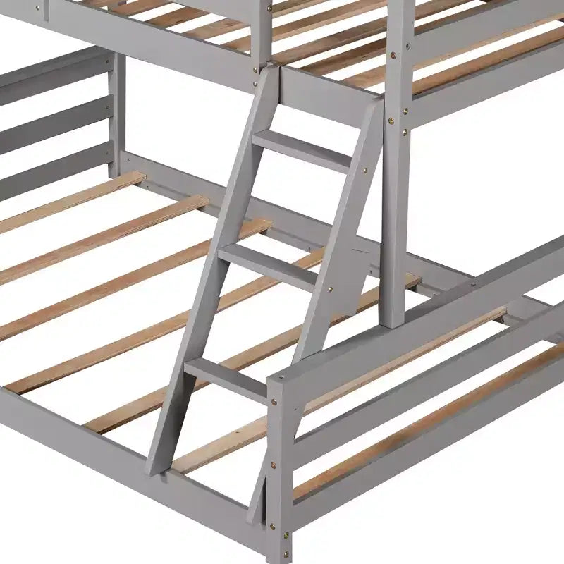 Wood Twin over Full Bunk Bed, Solid Wood House Bed Frame Built in Ladder, Convertible to 2 Beds, Floor Bunk Bed for Kids Teens