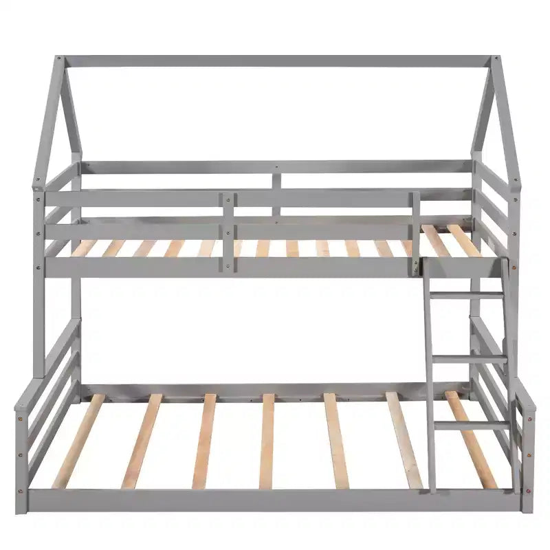 Wood Twin over Full Bunk Bed, Solid Wood House Bed Frame Built in Ladder, Convertible to 2 Beds, Floor Bunk Bed for Kids Teens