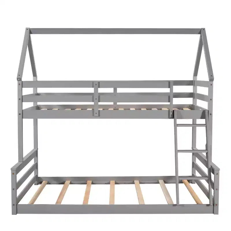 Wood Twin over Full Bunk Bed, Solid Wood House Bed Frame Built in Ladder, Convertible to 2 Beds, Floor Bunk Bed for Kids Teens