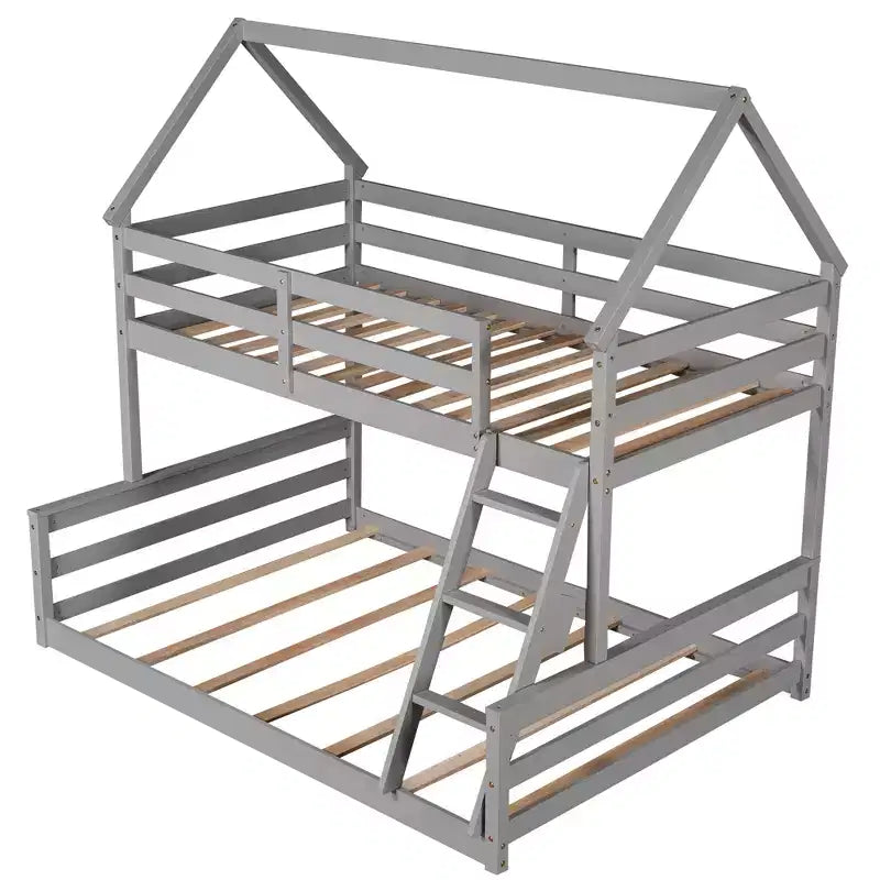 Wood Twin over Full Bunk Bed, Solid Wood House Bed Frame Built in Ladder, Convertible to 2 Beds, Floor Bunk Bed for Kids Teens