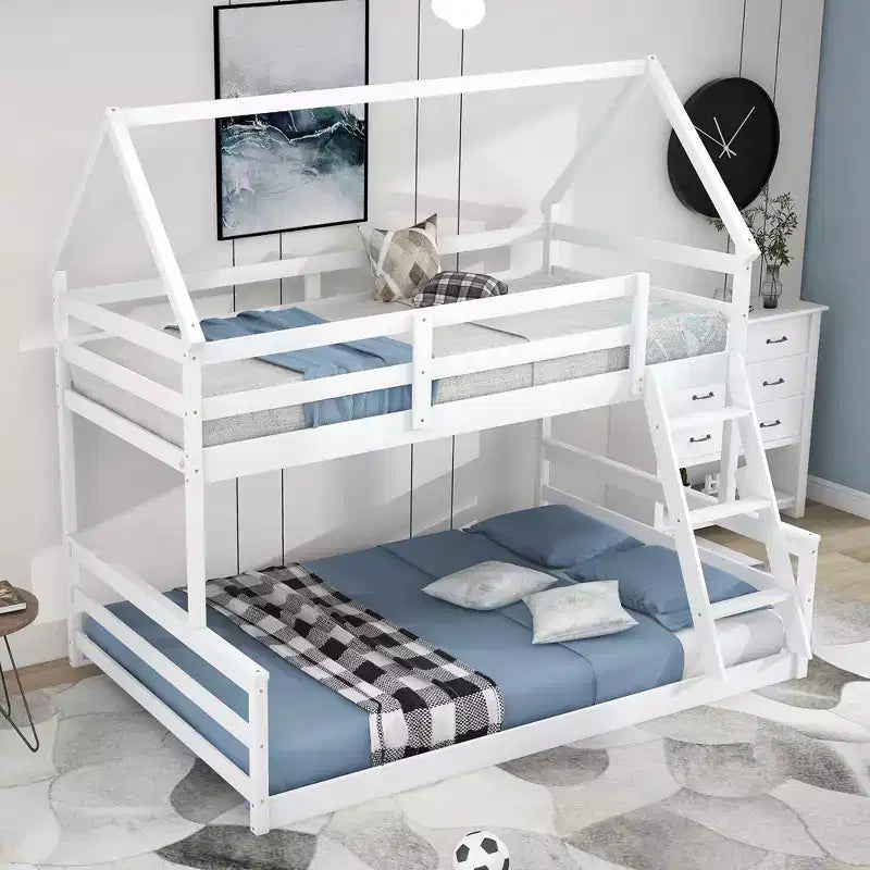 Wood Twin over Full Bunk Bed, Solid Wood House Bed Frame Built in Ladder, Convertible to 2 Beds, Floor Bunk Bed for Kids Teens