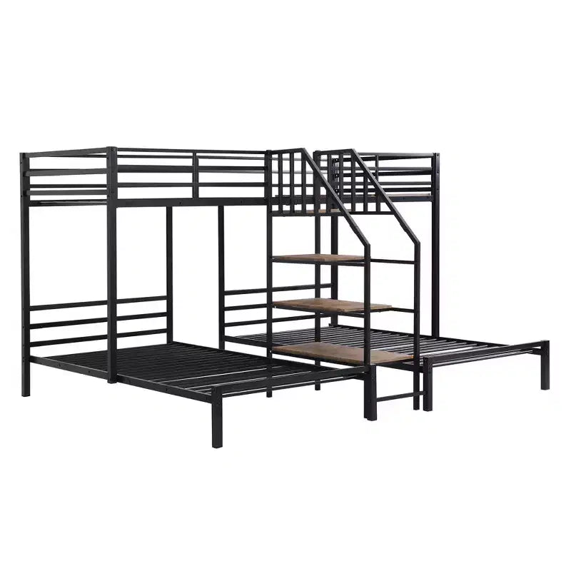 L-Shaped Triple Bunk Beds for 3 Kids, Twin over Twin and Twin Metal Bunk Bed Frame with Storage Shelves Staircase