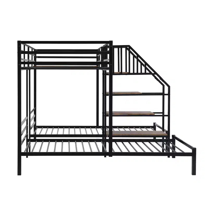 L-Shaped Triple Bunk Beds for 3 Kids, Twin over Twin and Twin Metal Bunk Bed Frame with Storage Shelves Staircase