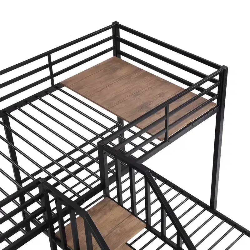 L-Shaped Triple Bunk Beds for 3 Kids, Twin over Twin and Twin Metal Bunk Bed Frame with Storage Shelves Staircase