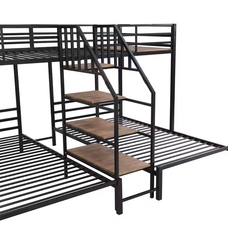 L-Shaped Triple Bunk Beds for 3 Kids, Twin over Twin and Twin Metal Bunk Bed Frame with Storage Shelves Staircase